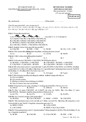 Đề thi trắc nghiệm môn hóa 11 hè 2015 thời gian làm bài 45 phút
